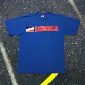 Vintage 90s Shorty's Skateboards Chad Muska Flag Logo Blue T-Shirt Size XL Rare